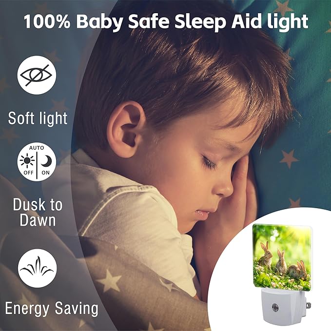 Easter Bunny in The Meadow Night Light Plug into Wall,Cute Rabbits and Spring Flowers Dusk to Dawn Night Light Plug in,0.5w Energy Saving Sleep Friendly Nightlight for Kids Boys Girls Home Decor