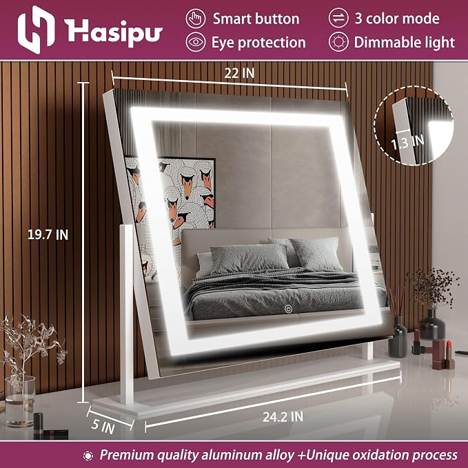 Hasipu Vanity Mirror with Lights, 24.2" x 19.7" LED Makeup Mirror, Light up Mirror with 10X Magnification, Smart Touch 3 Colors Dimmable, Brightness Adjustment, 360° Rotation (Right Angle White)