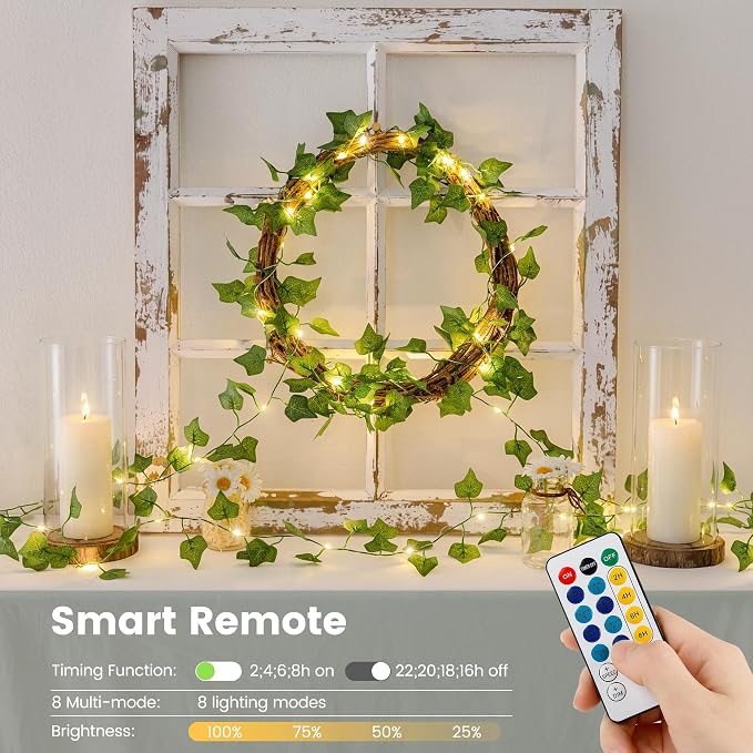 HEYFUNi Ivy Vines with Lights with Remote, 13 Ft 40LED | Artificial Green Leaf String Lights USB/Battery Operated, Fake Vines for Bedroom Wall Aesthetic, Dorm, Room Decor, Warm White
