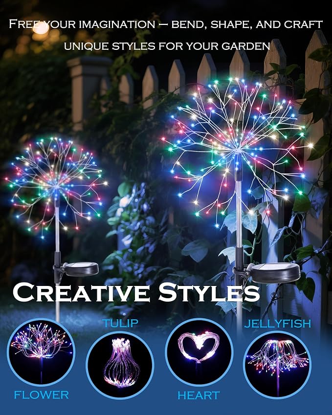 Solar Garden Lights Outdoor Yard Decorations, 4 Pack 150Leds Pathway Light, Fairy Firework Stake Lights for Garden, Patio, Pathway, Flowerbed Multicolor
