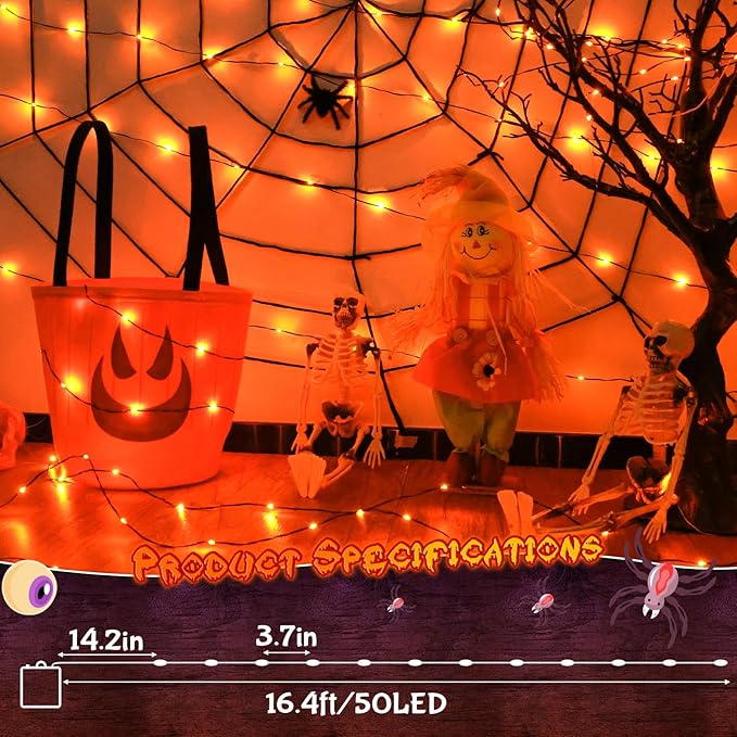 Orange Fairy Lights Battry Operated with Timer Waterproof, Halloween String Lights for Outside 16.4ft 50LED Indoor Outdoor Halloween Decorations Garland Party Patio Garden Yard Pathway 2 Packs