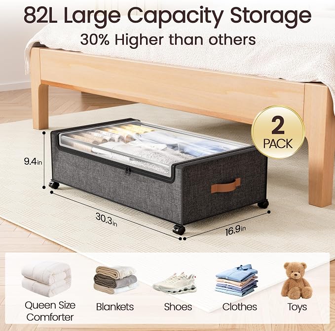 Yecaye 82L Under Bed Storage Containers, Fits 9.4" Under Bed, 2 Pack, Grey | XXL Capacity, 360° Rolling Wheels, Sturdy Metal Frame, Clear Window & Label, Storage Bins for Clothes, Blankets, Shoes
