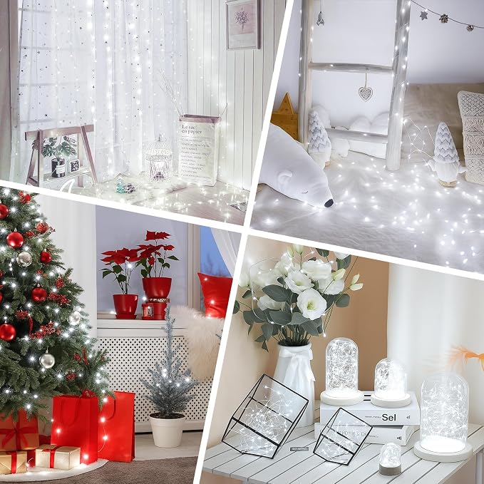 66FT(33×2) Cool White Rechargeable Fairy Lights, 8 Modes Waterproof Copper Wire String Lights with Timer for Bedroom Christmas Wedding Centerpiece Decor