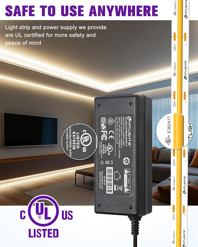 HitLights White COB LED Strip Lights Kit 4000K with Remote, 16.4ft 12V | UL Listed, Dimmable Tape Light with Power Supply, 2640 LEDs, 426 lm/ft, CRI 90+, Rope Lighting for Kitchen Cabinet Room
