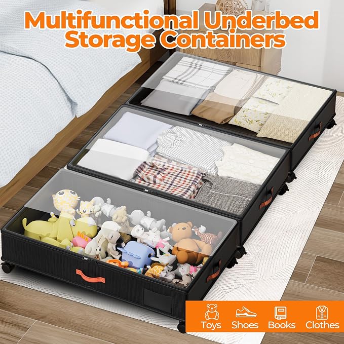 Under Bed Storage with Wheels,2-Pack Under Bed Storage Containers with Clear Lids,XXL Large Under the Bed Storage Organizer Bins With Handles,Space Saving Design for Clothes,Shoes,Books-Black2