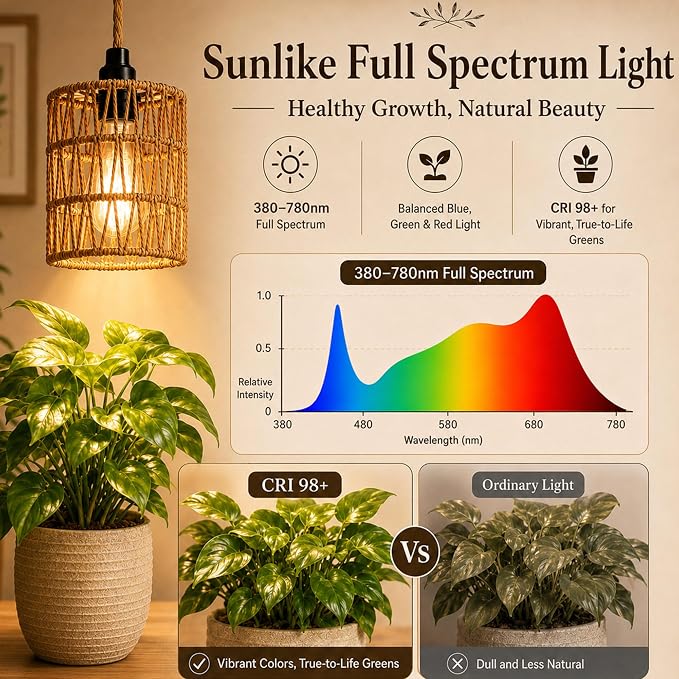 2 Pack Hanging Grow Lights for Indoor Plants Boho Rattan Plant Light | 15FT Power Cord with Timer, 15W Full Spectrum Pendant Plant Lights for Indoor Growing Greenhouse Flowers Home Decor