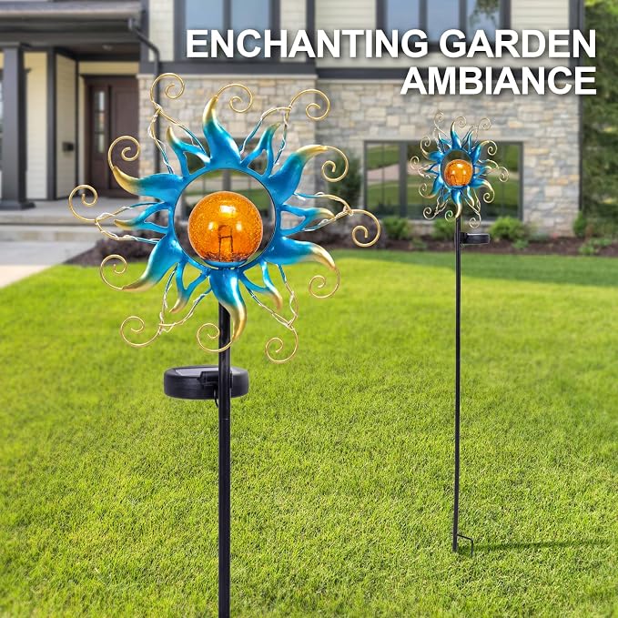 ZHQIAN Solar Lights Outdoor Garden Decor, Blue Metal Sun Crackle Glass Globe Stake Waterproof 30LED Decorations Unique Gifts for Women,Mom,Outside, Patio,Lawn,Yard,Pathway