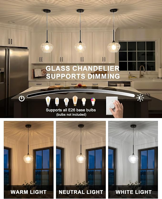 2-Pack Glass Pendant Lights Kitchen Island, 7.7" Modern Black Glass Pendant Lighting Farmhouse Hanging Light Fixtures for Kitchen, Dining Room, Bathroom, Bedroom
