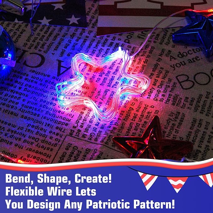 Red White and Blue Fairy Lights Battery Operated, 4th of July Lights with Timer 16.4ft 50LED for 4th of July Independence Day Memorial Day Decorations