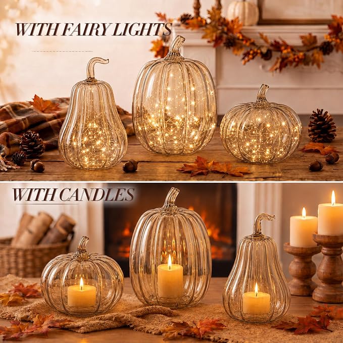 Yungyan Set of 3 Glass Pumpkin Lamp Shades Fall Decor,Light Brown | Pumpkin Candle Holder Rustic Thanksgiving Halloween Autumn Mantel Table Centerpiece Home Decoration, Lights Not Included