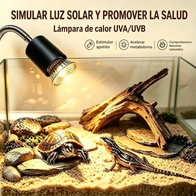 Reptile Heat Lamp with Clamp, 360° Flexible Gooseneck UVA UVB Turtle Basking Light Fixture with 2 Pcs 50W Bulb, Dimmable Heating Lamp for Turtle, Lizard, Snake, Chameleon, Hermit Crab