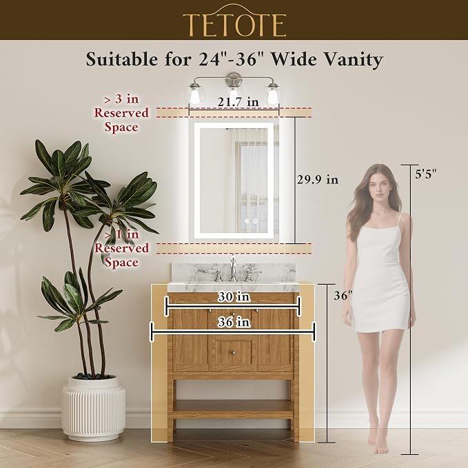 LED Bathroom Mirror 22 x 30 Inch Lighted Bathroom Vanity Mirror with Lights, Brighter Frontlit and Backlit Light up Anti Fog Mirror, 3-Color Dimmable, Shatterproof Tempered Glass, Waterproof