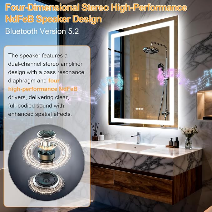 24"x32" LED Bathroom Mirror with Lights,Bluetooth Dual Speaker | Anti-Fog,3 Color Temperature,Dimmable Brightness,Memory Function,Waterproof,Wall Mount Design,Tempered Glass