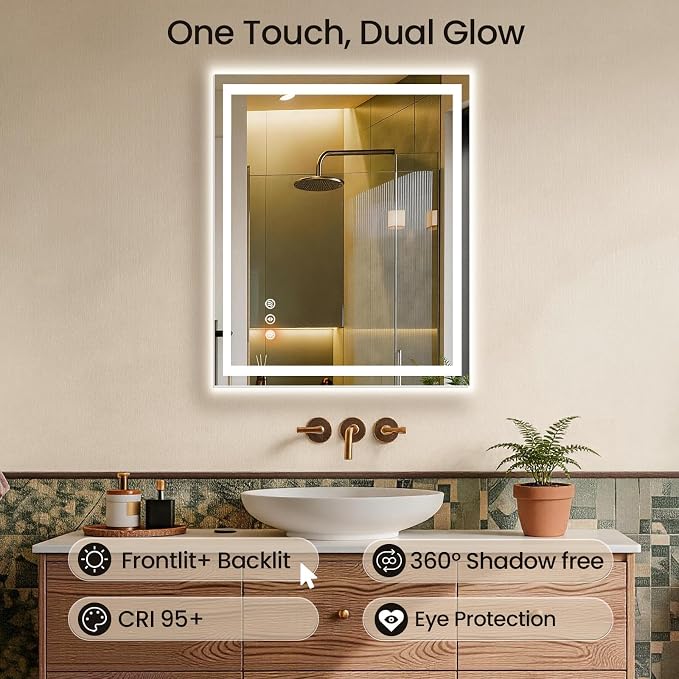 28x36 LED Bathroom Mirror with Anti-Fog, Backlit & Front Lit, Memory | Stepless Dimmable 3 Color CRI 95+ Shatterproof Tempered Glass ETL Listed for Safety Lighted Bathroom Vanity Mirror for Wall