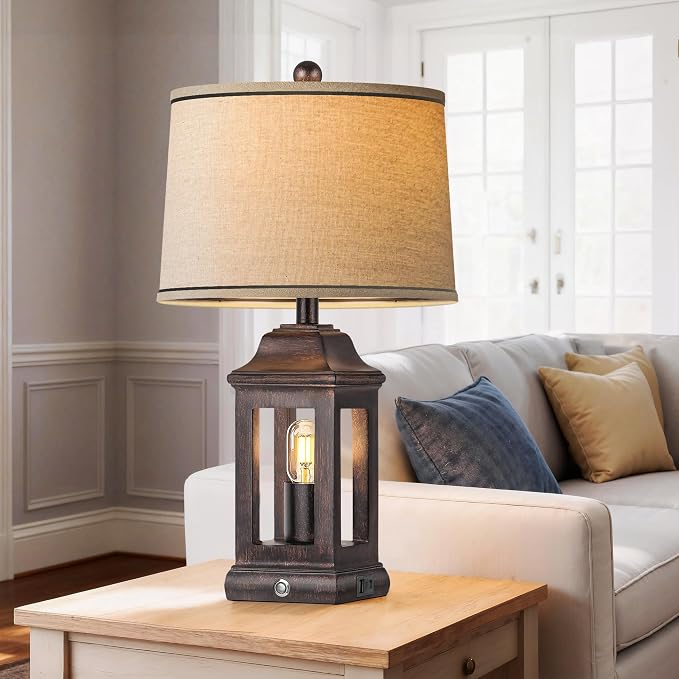 24" Rustic Farmhouse Table Lamps for Living Room, Single Pack Touch Dimmable Nightlight Vintage Bedside Lamps with USB A+C Ports & Dual Light Sources for Bedroom Nightstand End Table, Antique Black