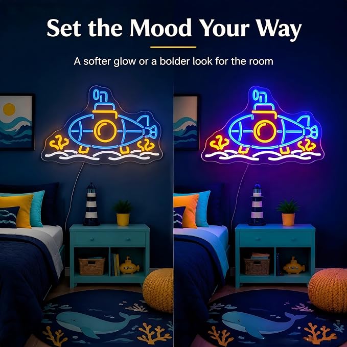 Submarine Neon Sign, RGB Color Changing, 16.5" x 10.7"IN | LED Underwater Sub Light, USB Powered, Wall Decor, Gamer Room Aesthetic, Boys Bedroom & Man Cave