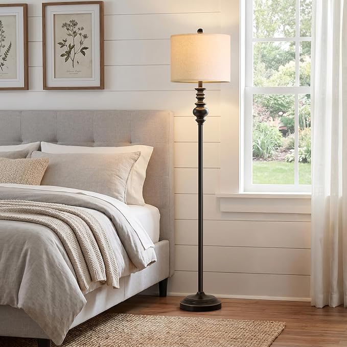 BOBOMOMO 64.25" Farmhouse Floor Lamp with Remote, Dimmable Black Floor Lamp with Adjustable Color Temperatures, Tall Standing Lamps for Living Room Corner, Bedroom & Office, 9W Bulb Included