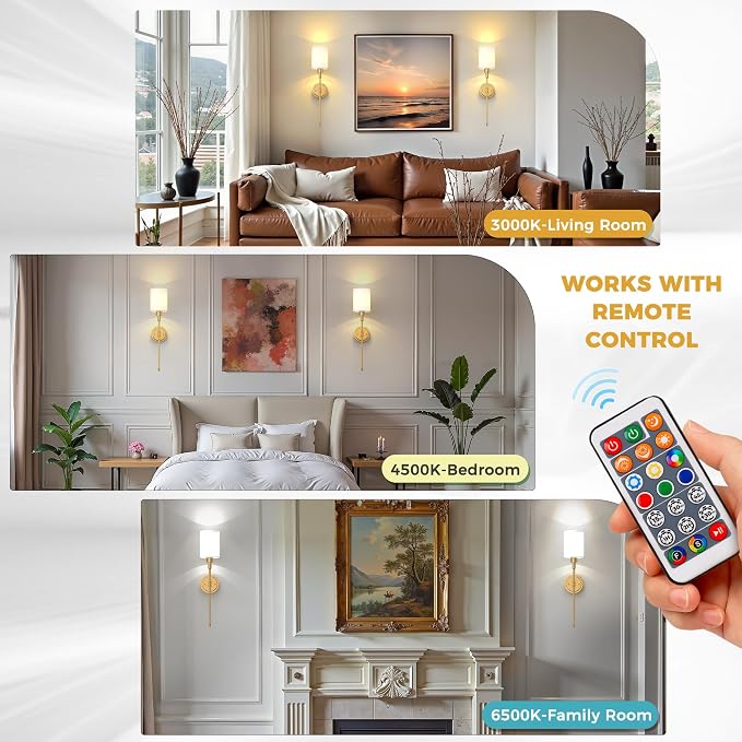Battery Operated Wall Sconce: Set of 2 Wireless Wall Lights with 12000mAh | 15 Color Rechargeable Wall Sconces, Not Harwired Sconce Wall Decor Set of 2 for Bedroom, Living Room, Gold 24.3in
