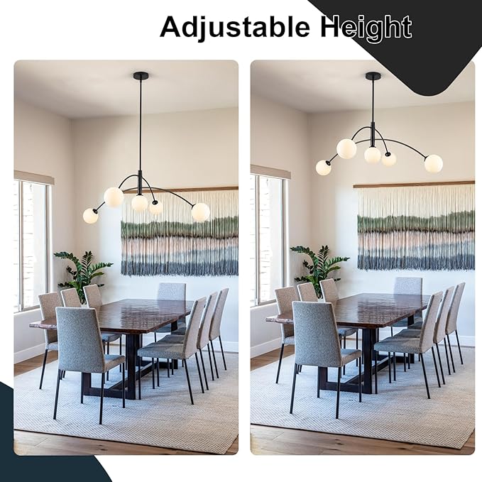 Modern Chandelier 5 Light Black Glass Globe Chandelier Mid Century Sputnik Ceiling Light Fixtures for Dining Room Kitchen Island Bedroom Living Room 41.3IN Diameter
