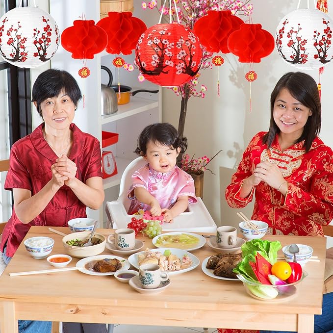 Tuanse 30 Pcs Chinese Japanese Paper Lanterns with LED Light, 2026 Chinese Lunar New Year Decoration Cherry Blossom Red Hanging Lanterns for Spring Festival Home Decor(12 Inch,Red, White)