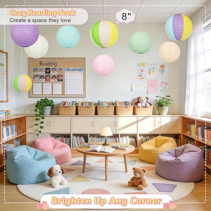 12 Pcs Pastel Paper Lanterns - 8" Hanging Round Paper Lanterns for Pastel Classroom Decor, Baby Shower Decorations, Birthday, Wedding Spring Party & Office Decor