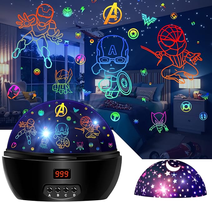 MOKOQI Kid Light Projector Superhero Toys for Boys 5-7 Avengers Night Light | Projector with Timer for Kids Room, 360 Degree Rotation Toddler Nightlights with Spiderman Figurine Star Lamps