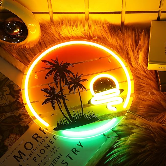 Tropical Neon Sign 11.8 Inch Palm Tree Sunset Neon Light for Wall Decor Colorful LED Light up Bar Signs for Bedroom Bar Beach Theme Restaurant Party Decor Gift