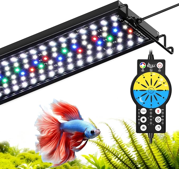AQQA 24/7 Aquarium Light with Timer, Full Spectrum LED Fish Tank Light | for Freshwater & Plants, 9 Dimmable Light Modes, 10 Adjustable Brightness, Extendable Brackets for 30-35 inch Tank,56W Black