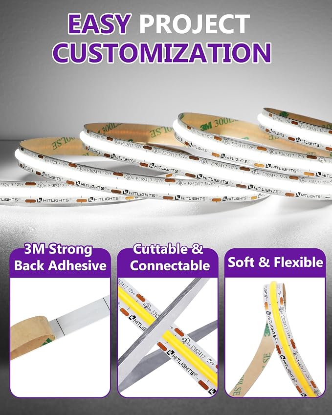 HitLights White COB LED Strip Lights 5000K, 16.4ft 12V Tape, UL Listed | 2640 LEDs, 426 lm/ft, CRI 90+, IP30, High Density, Cuttable, Rope Lighting for Kitchen Cabinets, Power Source Not Included