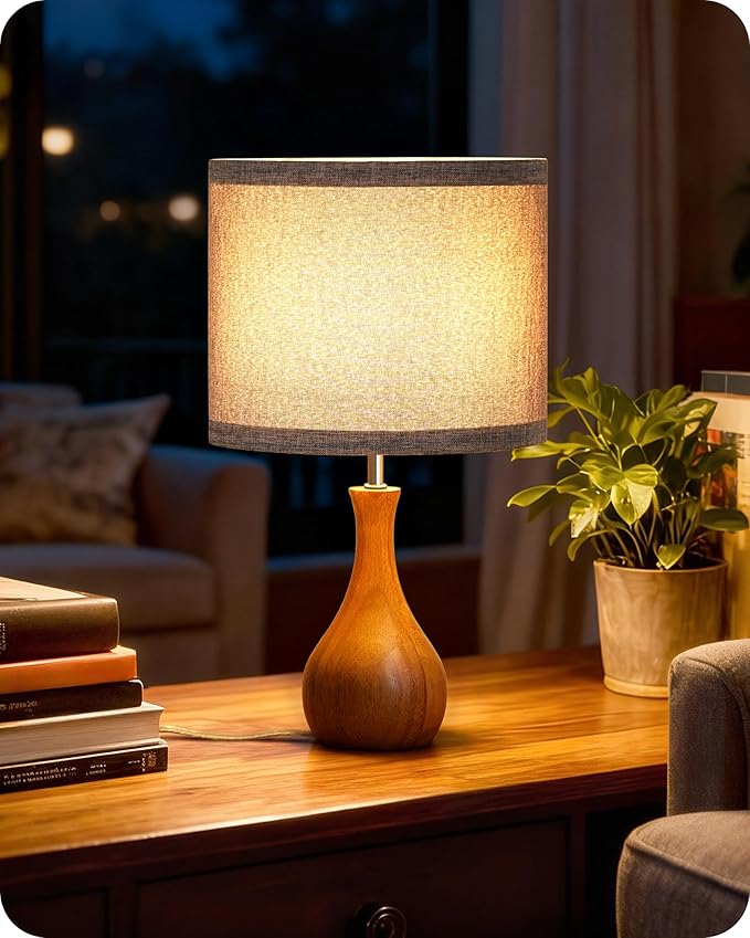 Gray Table Lamp, 14.2" Small Bedside Lamp, Compact Desk Lamp with Gray Linen Lampshade & Dark Walnut Base, Modern Nightstand Lamp for Bedroom, Kid's Room, Office, E26 Socket, LH09TL05