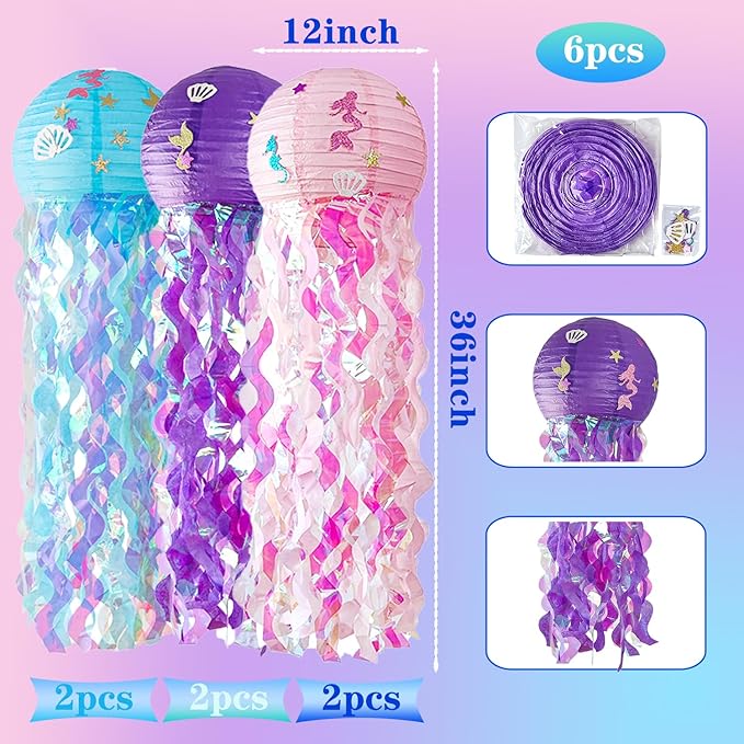 12" Colorful Jellyfish Lanterns - Mermaid Birthday Party Decorations, Under the Sea & Ocean Theme Hanging Jellyfish Decor for Classroom, Nautical Events, and Underwater Adventure (Set of 6)