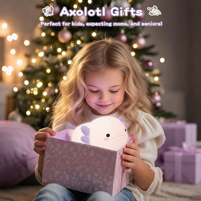 FAMIDUO Purple Axolotl Night Light for Kids,LED Squishy Bedside Touch Lamp | BPA-Free Soft Silicone,Dimmable,20Min Timer,Rechargeable Nursery Light, Girls Room Decor,Cute Gifts for Mom Baby Toddler