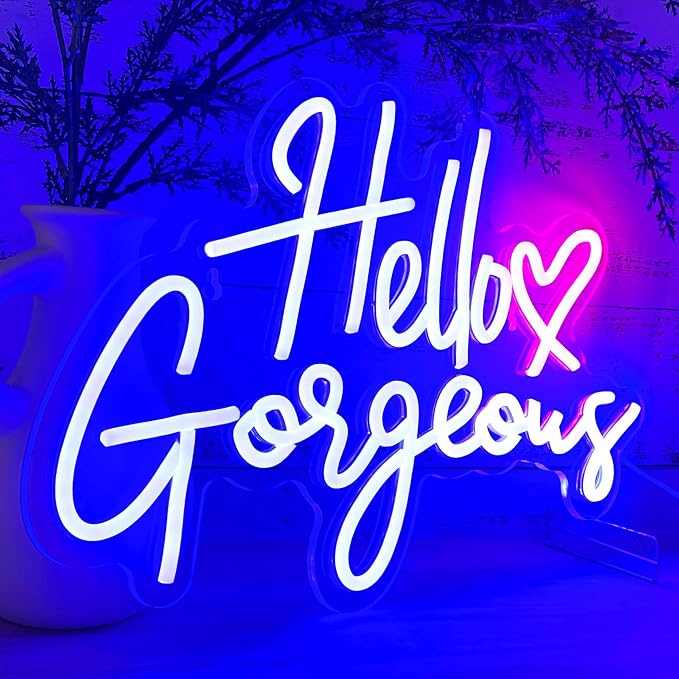 Hello Gorgeous Neon Signs for Wall Decor with Heart, Blue Hello Gorgeous LED Sign Lights for Bedroom Dorm Salon Wedding Party, Cute Makeup Dressing Beauty Room Decor, Preppy Girls Woman Cave