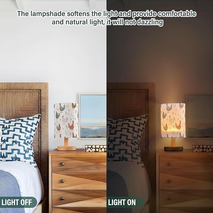 Cute&Simple Deigned Chicken Hen Bedside Table Lamps with USB Port for Bedroom Lamp Accent Table Lamp Small Nightstand Lamp Sturdy Linen Shade Wooden Base Decorative Lamps for Kids|Reading|Dorm|Home