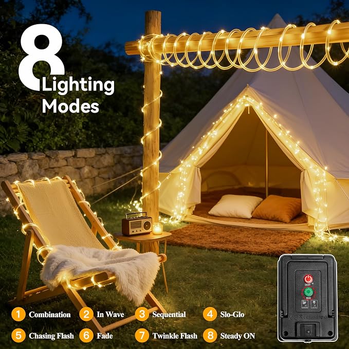 Ollny Solar Rope Lights Outdoor, 2 Pack Total 66FT 200 LED Warm White String Lights with Remote, 8 Modes Waterproof Timer Tube Light for Tree Holiday Party Wedding Decor