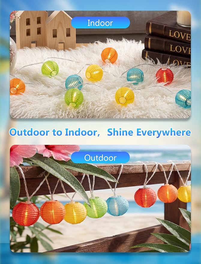 8.5Ft Multicolor Lantern String Lights, Summer Hanging String Lights with 10 Colorful Lanterns, Nylon Lights for Indoor Outdoor Party Decor, White Wire
