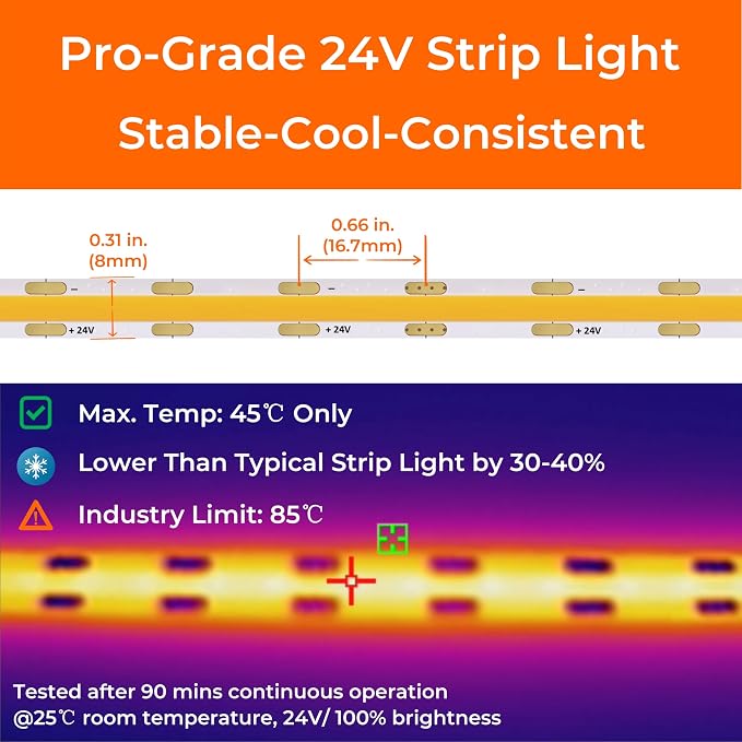 COB LED Strip Lights Warm White 3000K, 24V DC Premium Tape Light with Strong 3M VHB Tape, CRI 95, UL Listed, Cuttable, Dimmable, 3W/FT for Bedroom, Kitchen, Cabinet (NO Power Supply)
