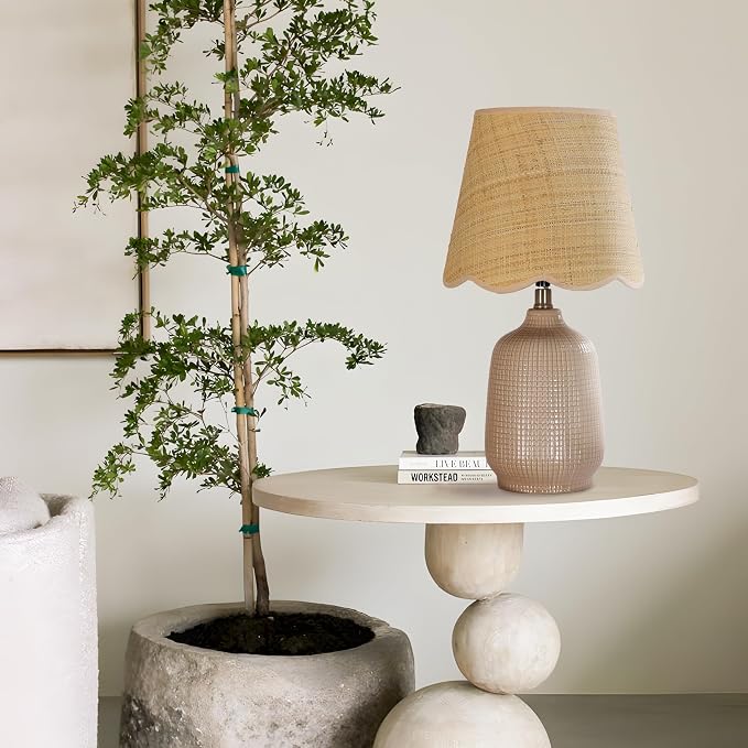 Set of 2 19" Modern Ceramic Table Lamp for Living Room Gray Camel Base Desk Lamps for Bedroom Farmhouse Bedside Nightstand Lamp End Table Lamps,Pink,Rattan Shade