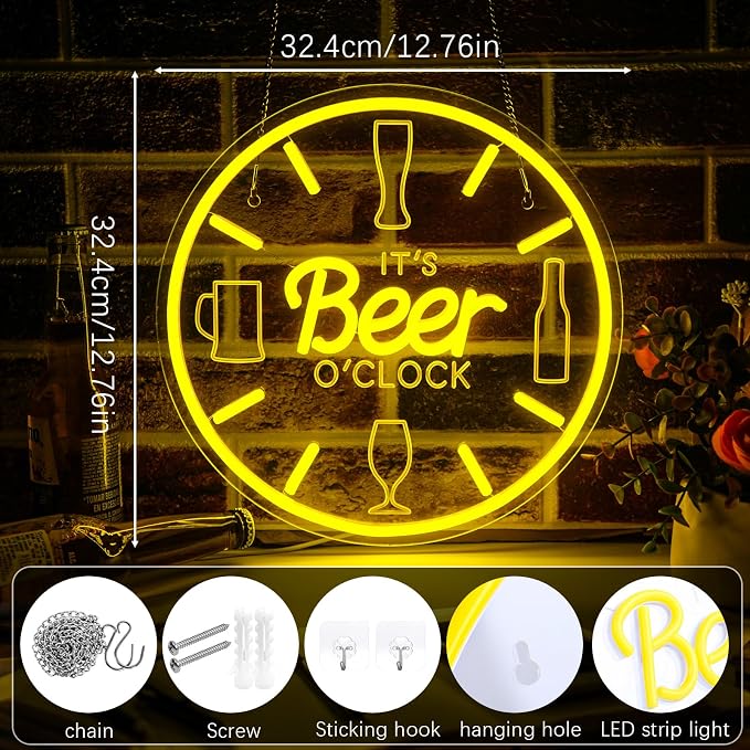 Beer Neon Sign Bar Neon Sign It's Beer O'Clock Sign for Wall Decor Man Cave | LED Dimmable USB Powered Neon Beer Signs for Home Bar,Kitchen Basement Bar,Bachelor Party,Pub Wall Decor, Beer Lovers Gift