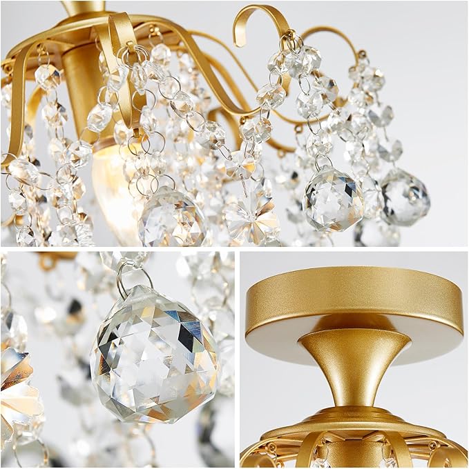 WUZUPS Crystal Chandelier Flushmount Ceiling Light Modern Lighting Fixture for Bedroom Hallway Bar Kitchen Bathroom, H 13.4" x W 12.6", E26 Base, Gold