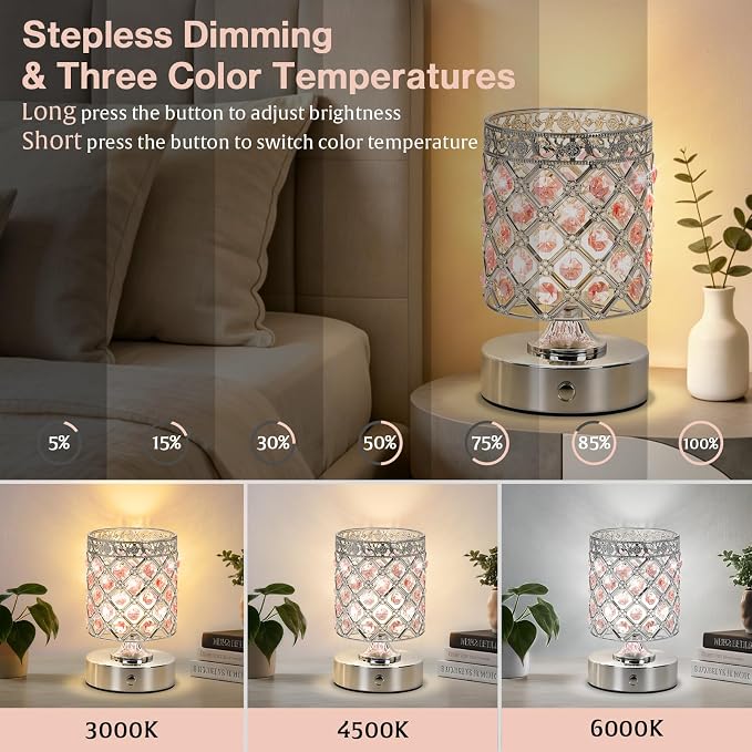 Pink Small Crystal Rechargeable Cordless Table Lamps Set of 2 | 6000mAh Battery, 3 Color Temps, Stepless Dimming, Touch Control, Portable Wireless Night Light for Bar Bedroom Living Room