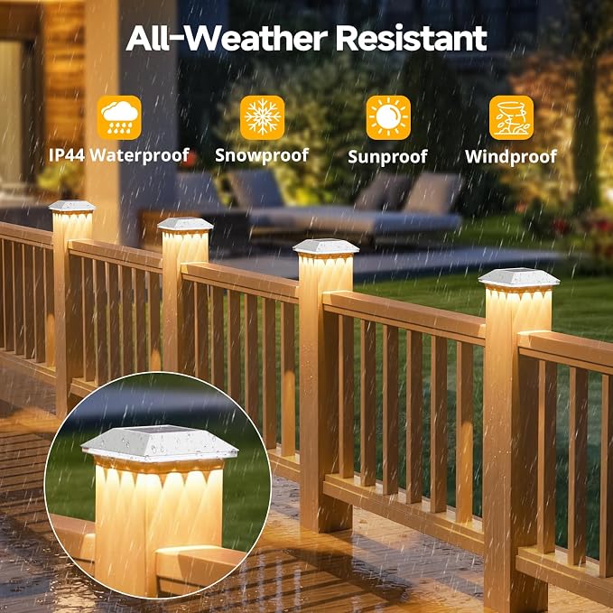16 Pack 4x4 Solar Post Light, 3 Mode Wooden Vinyl Fence Cap, White | 3 color temperatures, Waterproof LED Solar Post Lights, Patio Porch Decor, Only Fit Two True Size Post: 3.5''x3.5'', 4''x4''