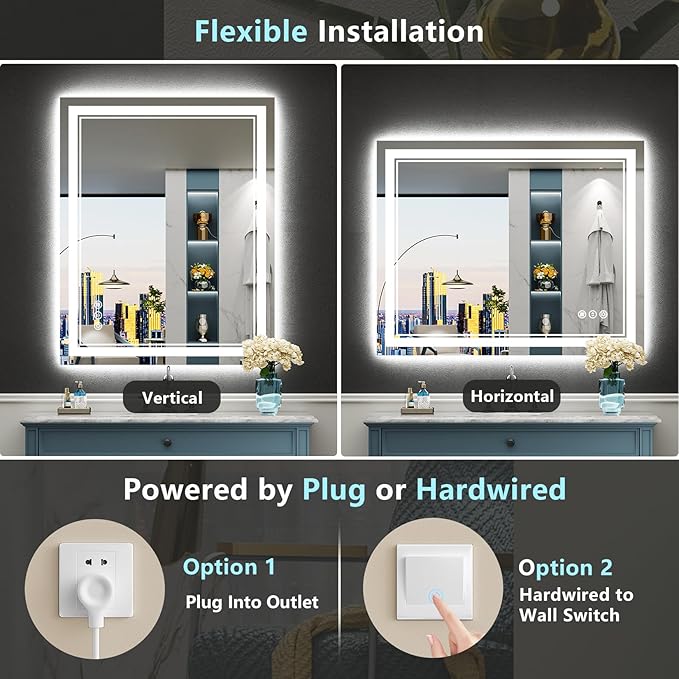44x32 LED Bathroom Mirror, Backlit & Front Lit Lighted Mirror | Anti-Fog Vanity Mirror with Lights, 3 Color Dimmable, Memory, HD Tempered Glass, CRI95, IP54, UL Listed, Horizontal/Vertical