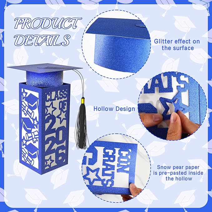 6 Pcs Graduation Table Centerpieces Boxes Class of 2026, Blue Graduation Paper Lanterns Boxes with String Lights Hollow Out for Congrats Grad School College Table Decorations Grad Party Photo Props