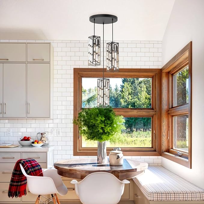 Modern 3-Light Crystal Pendant Light Fixture Kitchen Island, Black | Mini Crystal Chandeliers, Height Adjustable Cord, Ceiling Hanging Lighting for Kitchen Island Dining Room Bedroom