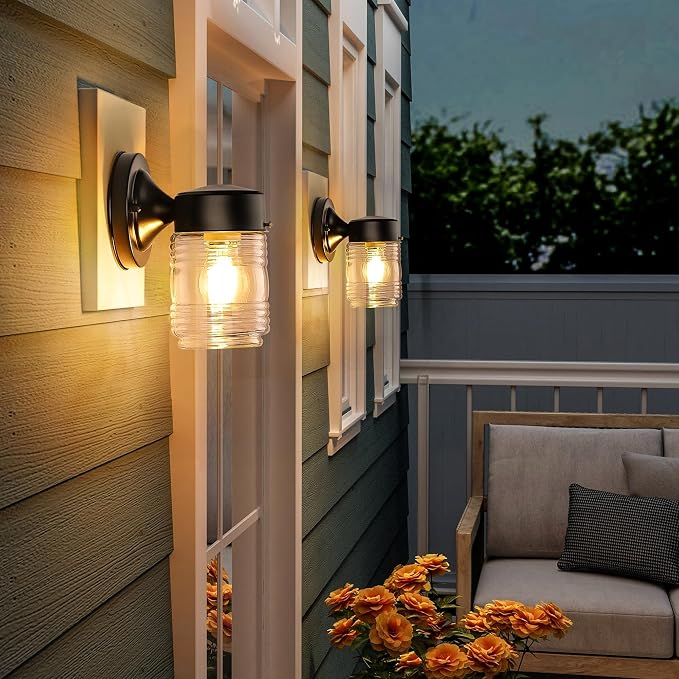 Outdoor Wall Light Jelly Jar Shape, Front Porch Lighting, 2 Pack | Waterproof, Anti-Rust, Clear Ribbed Glass, Exterior Wall Mount Lights, Front Porch Light, Outside Patio Sconce Entryway