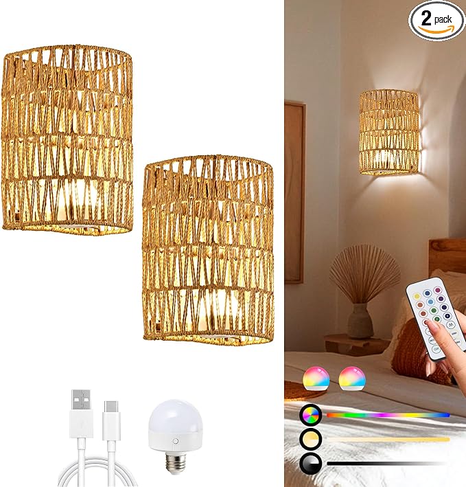 Battery Operated Rattan Wall Sconces Set of Two, Cordless RGB | Handwoven boho wicker set of 2, 100% wireless battery operated, 15 RGB colors with remote, renter friendly multi-scene light