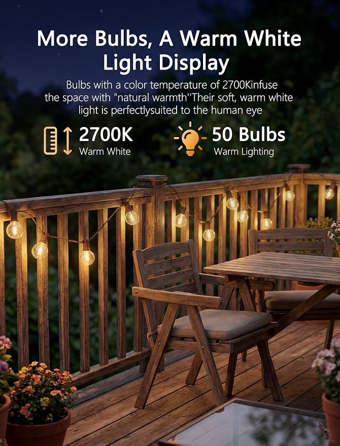 50FT Brown Outdoor String Lights, Shatterproof LED Globe Edison String Lights with 50 G40 LED Bulbs, Waterproof Connectable Hanging Light for Backyard Patio Porch Balcony Party Decor, E12 Base