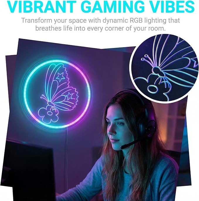 Butterfly Decorations - Single Color/Multi-Color Dimmable Neon Sign | 13“ x 13” 6.5ft USB Powered Kids Bedroom Art, Unique Birthday Gifts for Girls Boys