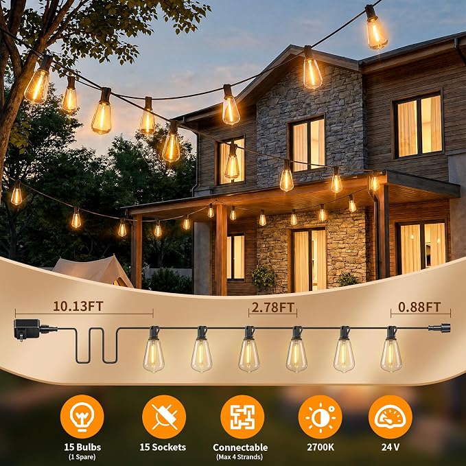 Hotsonic Remote Control Outdoor String Lights Waterproof, 50FT LED Outside Lights with Shatterproof Bulbs, Dimmable Hanging Lights 3 Modes for Patio Porch Garden Pergola Yard House Bistro Party Decors